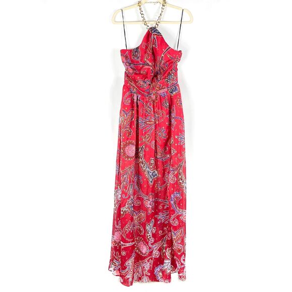 Dundas Jimi Maxi Dress Red Paisley Halter Gown Sleeveless Side Slit Sz L - Picture 4 of 12